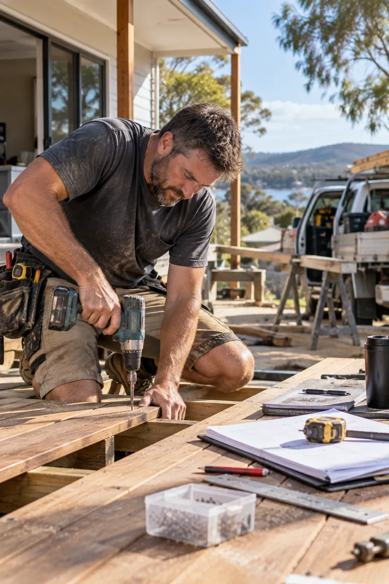 Carpenter drilling new decking boards on a residential job