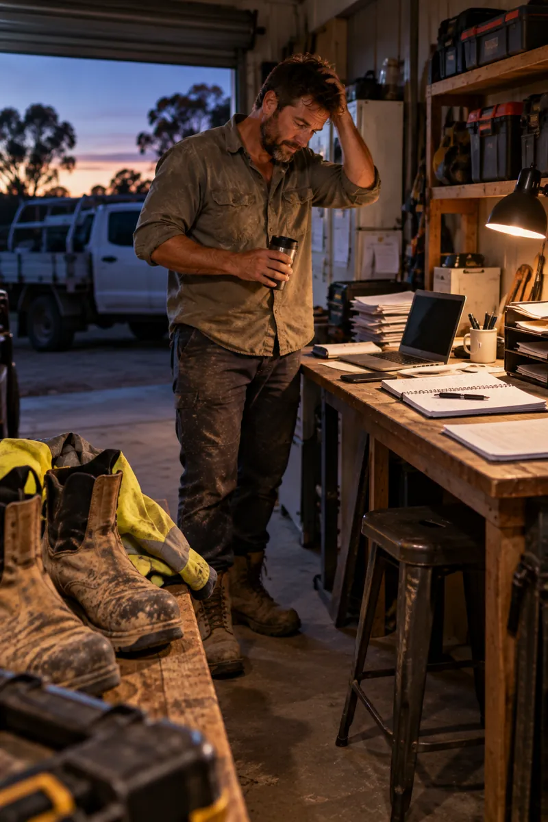 Owner-operator back in the home office at dusk, rubbing their head over the day's paperwork