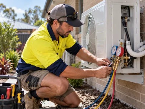 Technician servicing an outdoor air conditioning unit