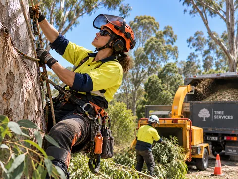 Arborist climbing a tree on ropes while the crew runs a wood chipper