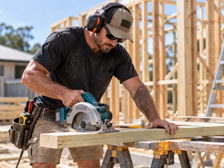 Carpenter cutting timber at a building site