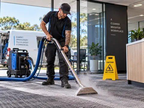 Carpet cleaner steam-cleaning the floor of an office