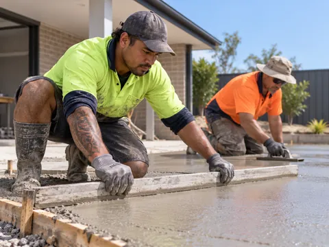 Two-person concreting crew screeding fresh concrete