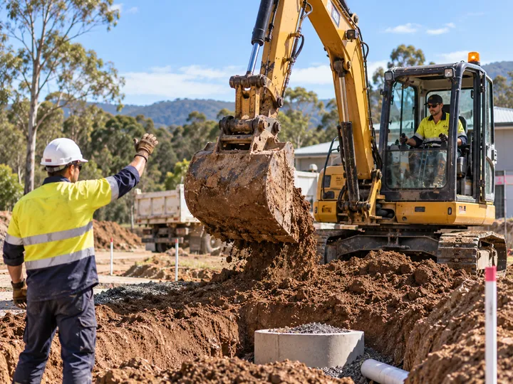 Excavator and civil construction workers
