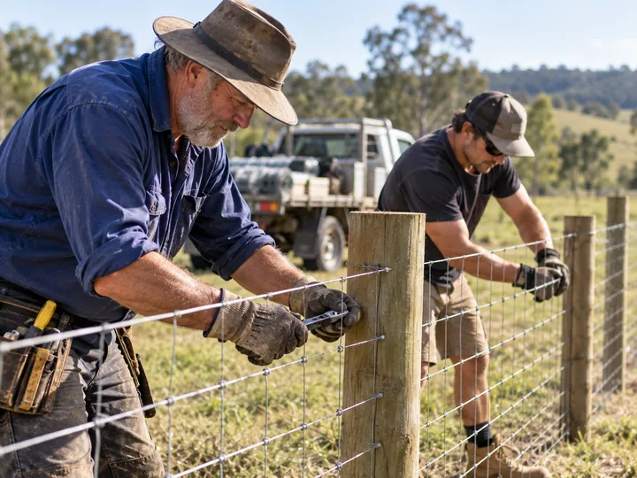 Workers installing a fence