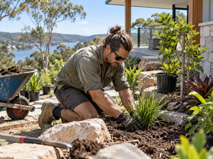 Landscaper planting a garden bed