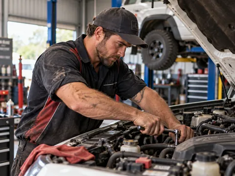 Mechanic working under the bonnet of a vehicle in a workshop