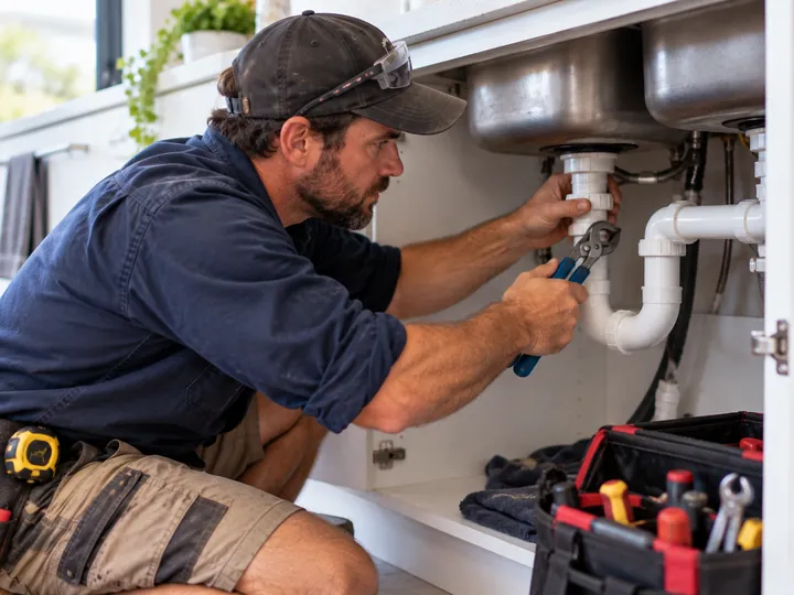 Plumber working on pipework beneath a sink
