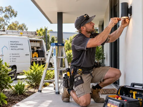 Maintenance worker fitting an outdoor wall light at a property