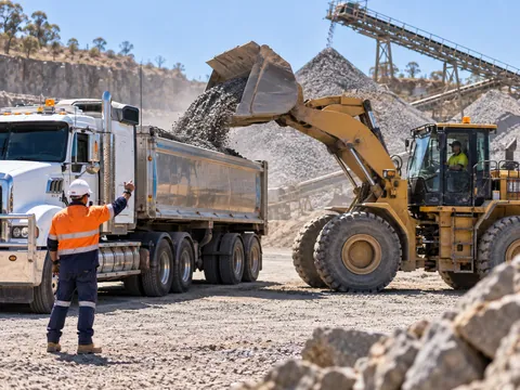 Loader filling a truck with gravel at a quarry