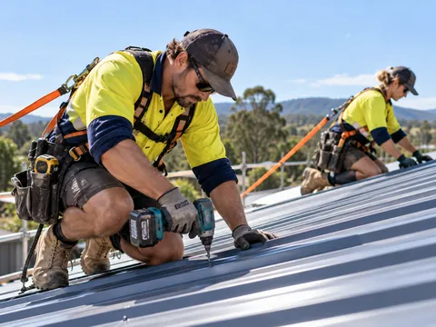 Roofers in safety harnesses fixing metal roof sheeting