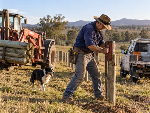 Rural contractor driving in a fence post, with a tractor and a working dog nearby