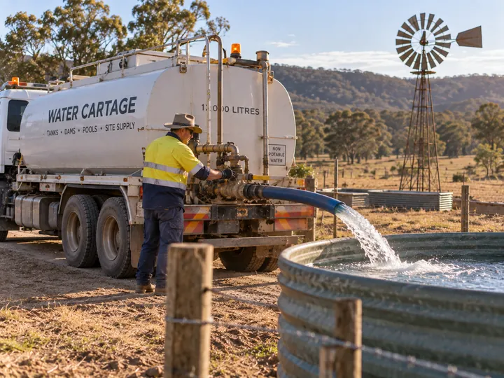 Water-cartage operator handling a delivery hose