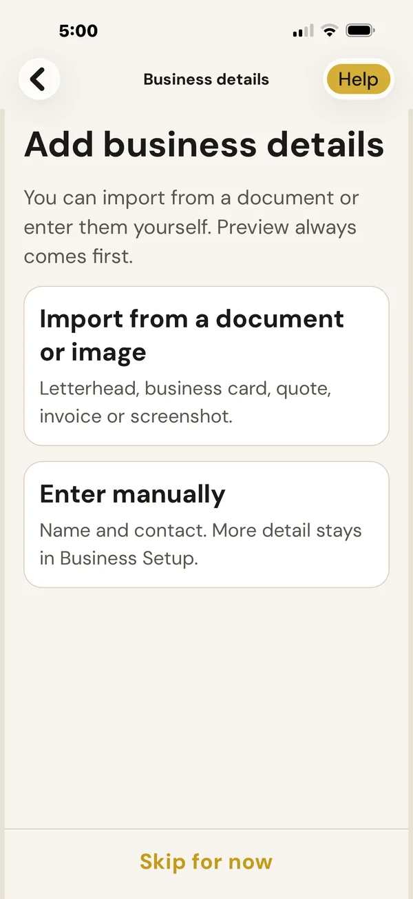 TimeBoost Add business details screen with options to import from a document or image, or enter details manually