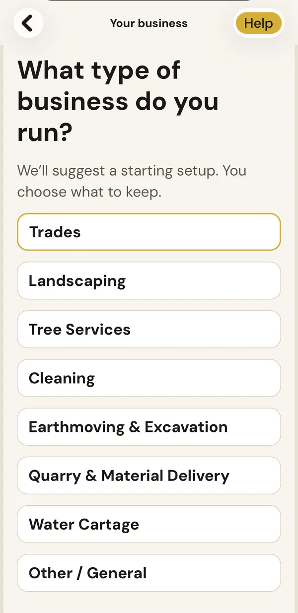 TimeBoost screen asking what type of business you run