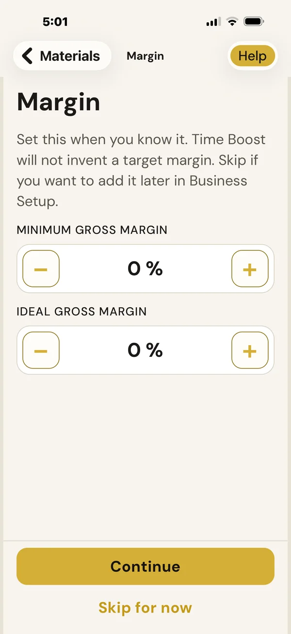 TimeBoost Margin screen for setting minimum and ideal gross margin