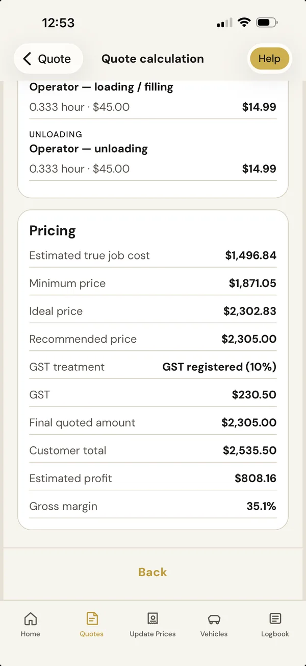 Real BuzzBrain TimeBoost quote calculation screen showing estimated true job cost, minimum, ideal and recommended price, GST, estimated profit and gross margin