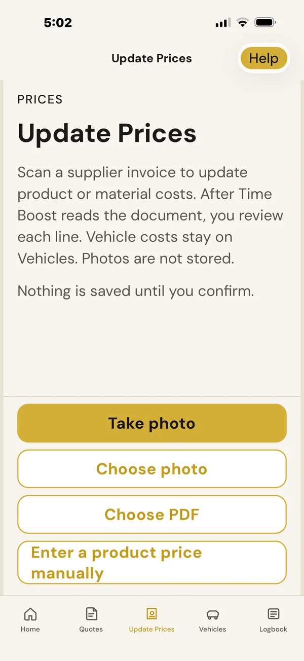 TimeBoost Update Prices screen with options to take a photo, choose a photo or PDF, or enter a product price manually