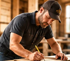 Example post photo: a builder marking out timber on a job