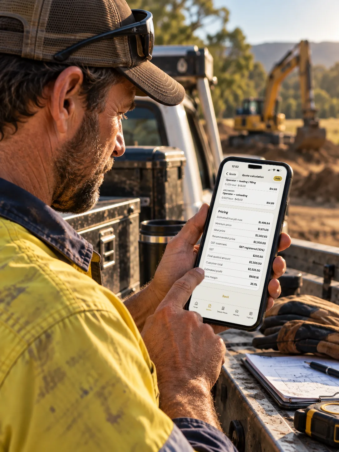 Owner-operator in hi-vis checking a TimeBoost quote calculation on his phone beside his ute, with an excavator working on site behind him